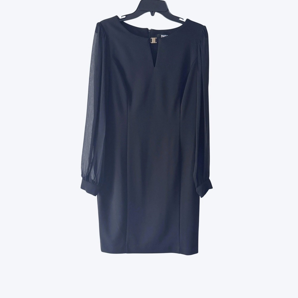 DKNY Women 8 Sheath Dress Sheer Long Sleeve Black Gold Hardware